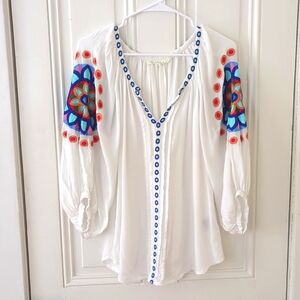 Solitaire white colourful boho embroidery flower 3/4 sleeve blouse M-L size
